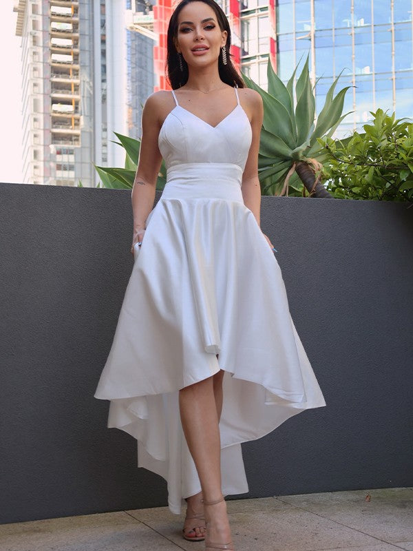 A-Line/Princess Satin Ruched V-neck Sleeveless Asymmetrical Wedding Dresses CICIP0007019