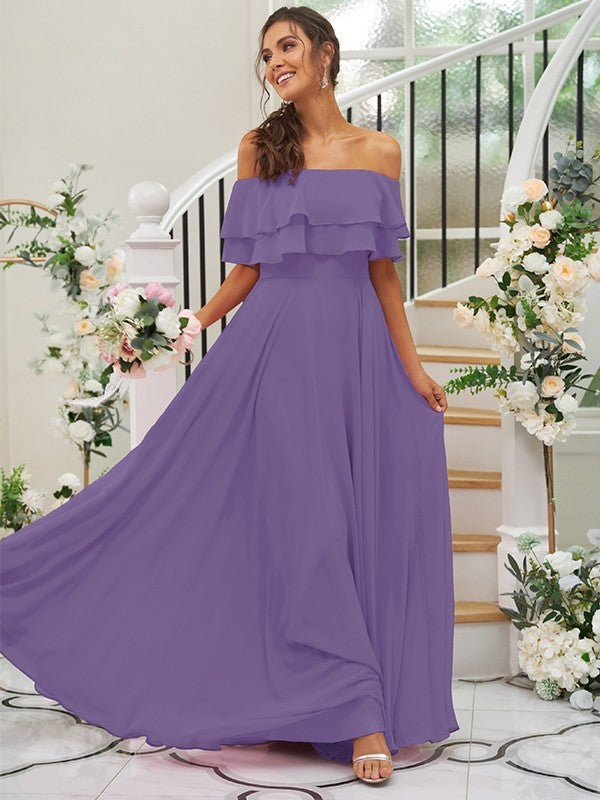 A-Line/Princess Chiffon Ruffles Off-the-Shoulder Sleeveless Floor-Length Bridesmaid Dresses CICIP0004914