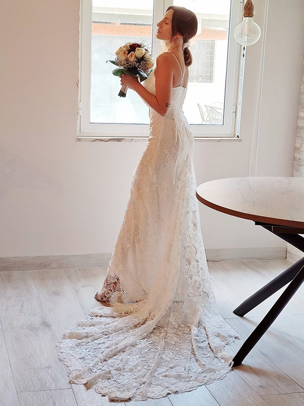 Sheath/Column Lace Applique Spaghetti Straps Sleeveless Court Train Wedding Dresses CICIP0005976