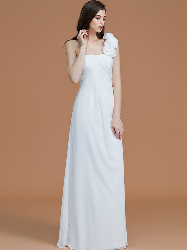 A-Line/Princess One-Shoulder Sleeveless Floor-Length Hand-Made Flower Chiffon Bridesmaid Dresses CICIP0005865