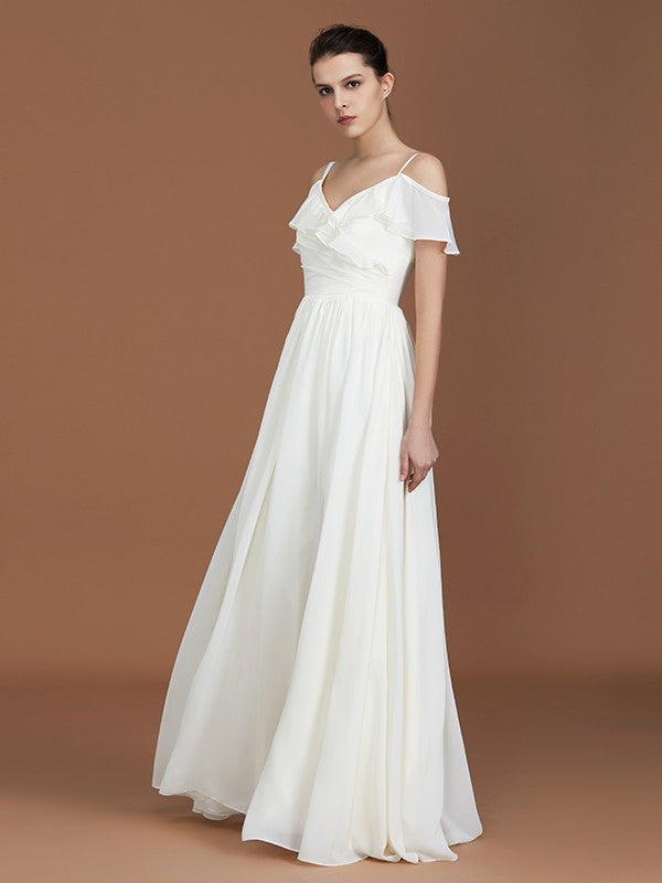 A-Line/Princess Short Sleeves Spaghetti Straps Ruched V-neck Floor-Length Chiffon Bridesmaid Dresses CICIP0005580