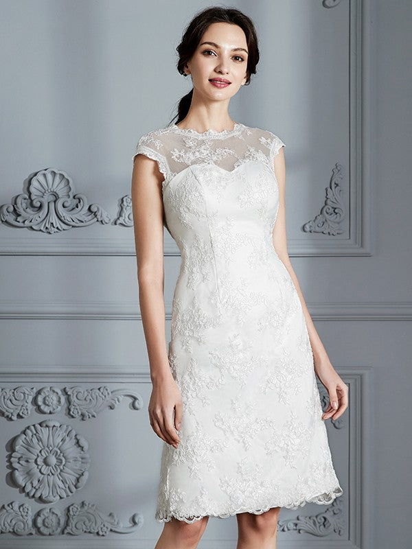 A-Line/Princess Sleeveless Scoop Knee-Length Lace Satin Wedding Dresses CICIP0006795