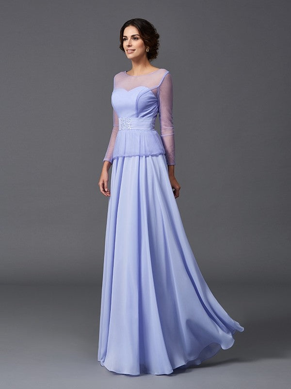 A-Line/Princess Scoop Ruffles Long Sleeves Long Chiffon Mother of the Bride Dresses CICIP0007445