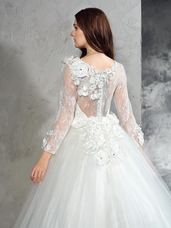 Ball Gown Sheer Neck Hand-Made Flower Long Sleeves Long Net Wedding Dresses CICIP0006751