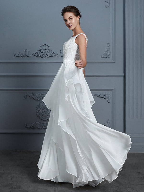 A-Line/Princess Scoop Sleeveless Ruffles Floor-Length Chiffon Wedding Dresses CICIP0006839