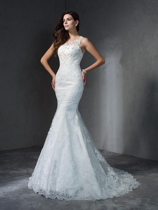 Trumpet/Mermaid Scoop Applique Sleeveless Long Lace Wedding Dresses CICIP0006136