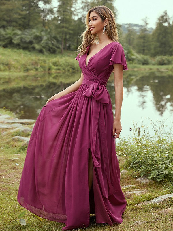 A-Line/Princess Chiffon Ruffles V-neck Short Sleeves Floor-Length Bridesmaid Dresses CICIP0004981