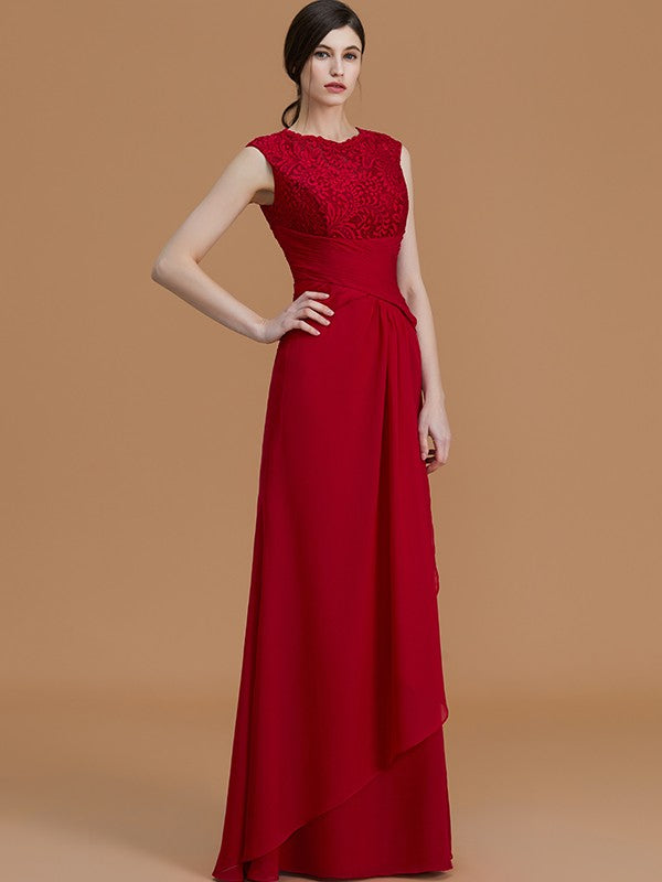 Sheath/Column Jewel Sleeveless Floor-Length Lace Chiffon Bridesmaid Dresses CICIP0005461