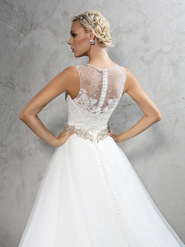 A-Line/Princess Sheer Neck Beading Sleeveless Long Net Wedding Dresses CICIP0006614