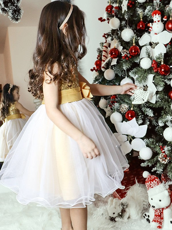 A-Line/Princess Organza Sequin Scoop Sleeveless Tea-Length Flower Girl Dresses CICIP0007551