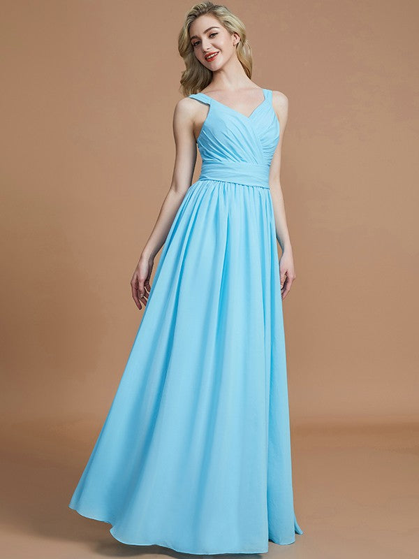 A-Line/Princess V-neck Chiffon Floor-Length Sleeveless Bridesmaid Dresses CICIP0005020