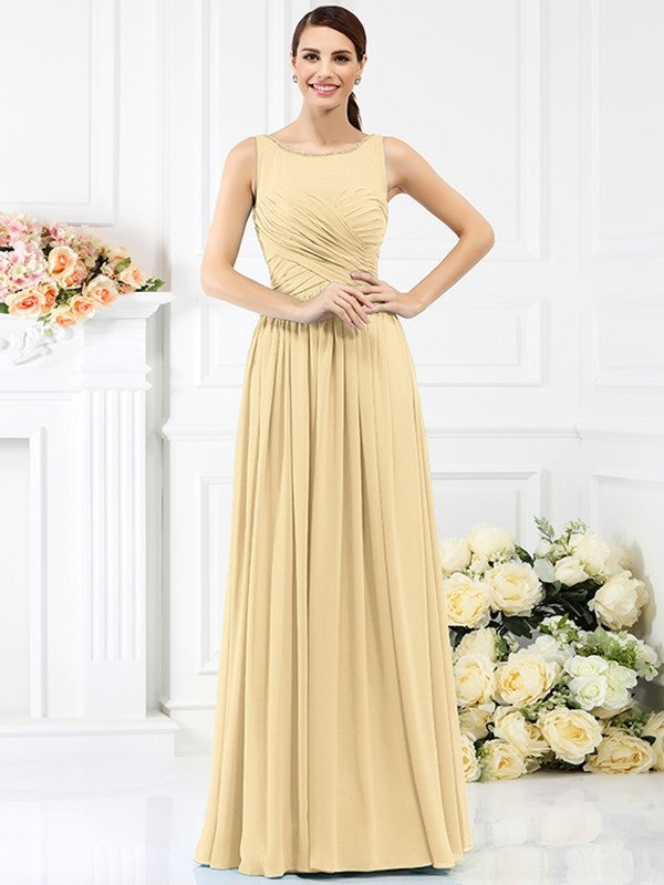 A-Line/Princess Bateau Pleats Sleeveless Long Chiffon Bridesmaid Dresses CICIP0005212