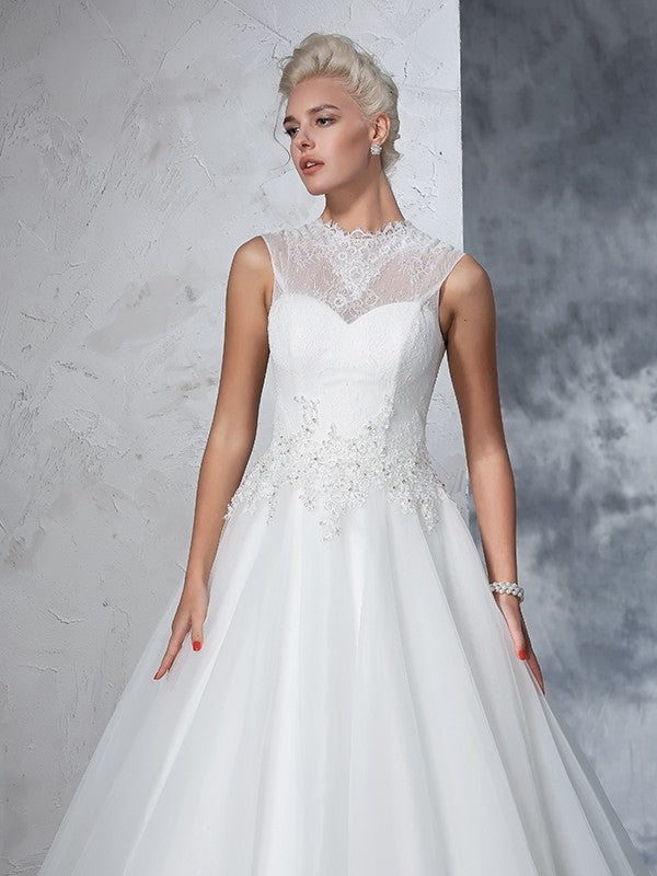 Ball Gown High Neck Applique Sleeveless Long Net Wedding Dresses CICIP0006770