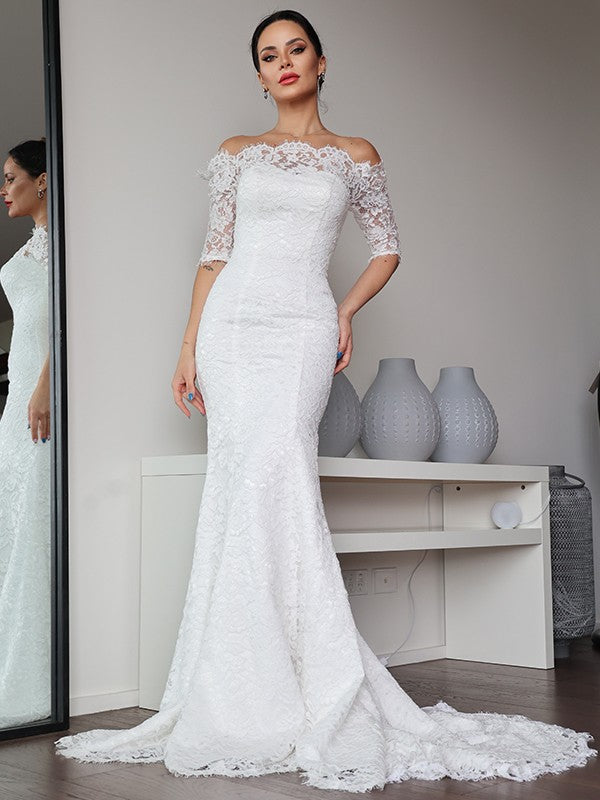 Sheath/Column Lace Ruffles Off-the-Shoulder 1/2 Sleeves Sweep/Brush Train Wedding Dresses CICIP0005995