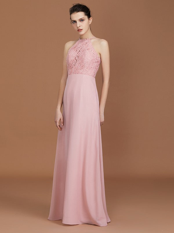 A-Line/Princess Halter Sleeveless Lace Floor-Length Chiffon Bridesmaid Dress CICIP0005757