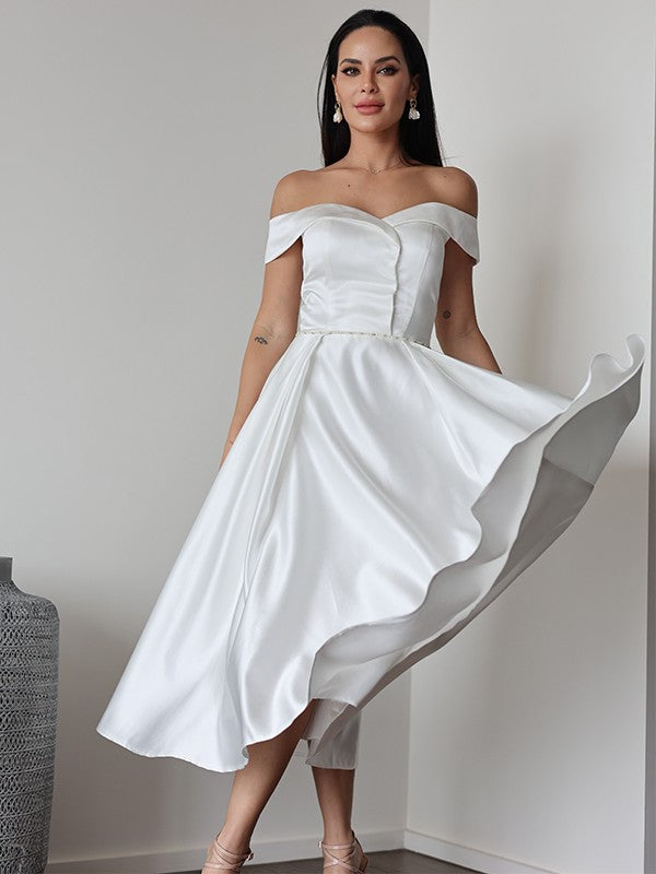 A-Line/Princess Satin Ruffles Off-the-Shoulder Sleeveless Tea-Length Wedding Dresses CICIP0007025