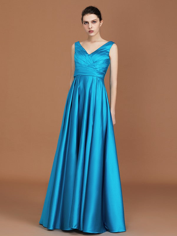 A-Line/Princess V-neck Sleeveless Floor-Length Ruffles Satin Bridesmaid Dress CICIP0005646