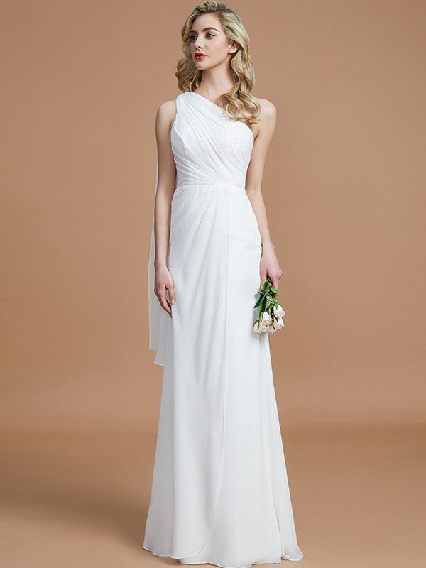 Sheath/Column One-Shoulder Sleeveless Floor-Length Chiffon Bridesmaid Dresses CICIP0005565