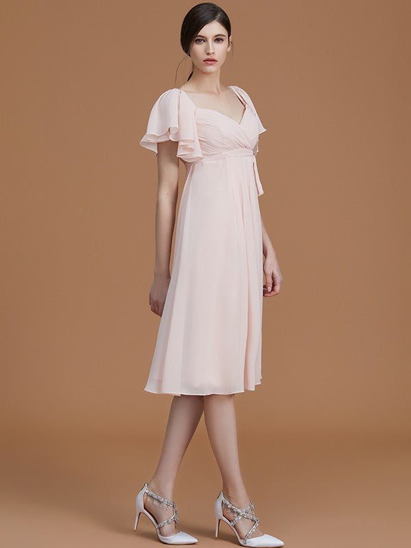 Empire Sweetheart Short Sleeves Knee-Length Ruched Chiffon Bridesmaid Dresses CICIP0005505