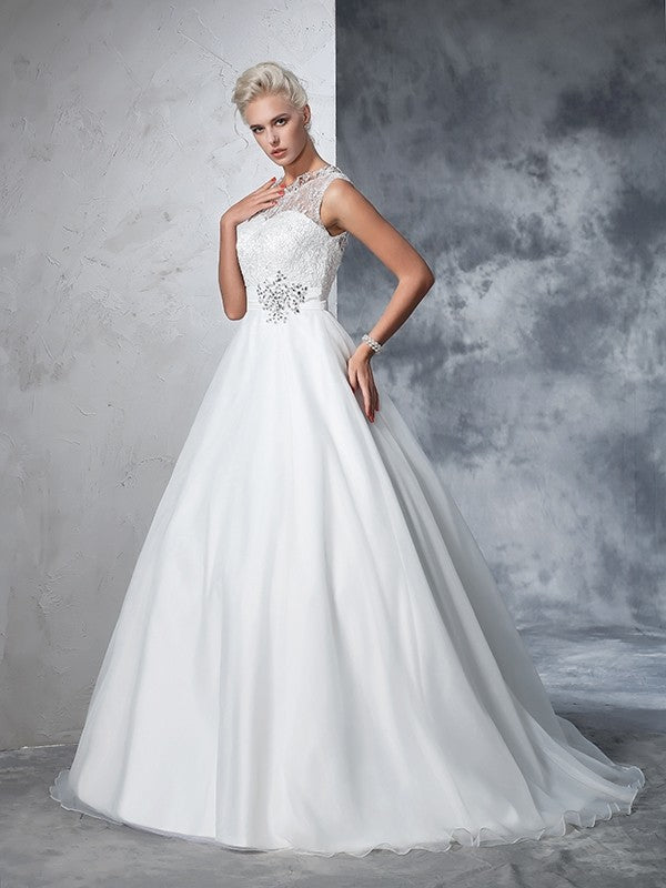 Ball Gown Sheer Neck Lace Sleeveless Long Net Wedding Dresses CICIP0006665