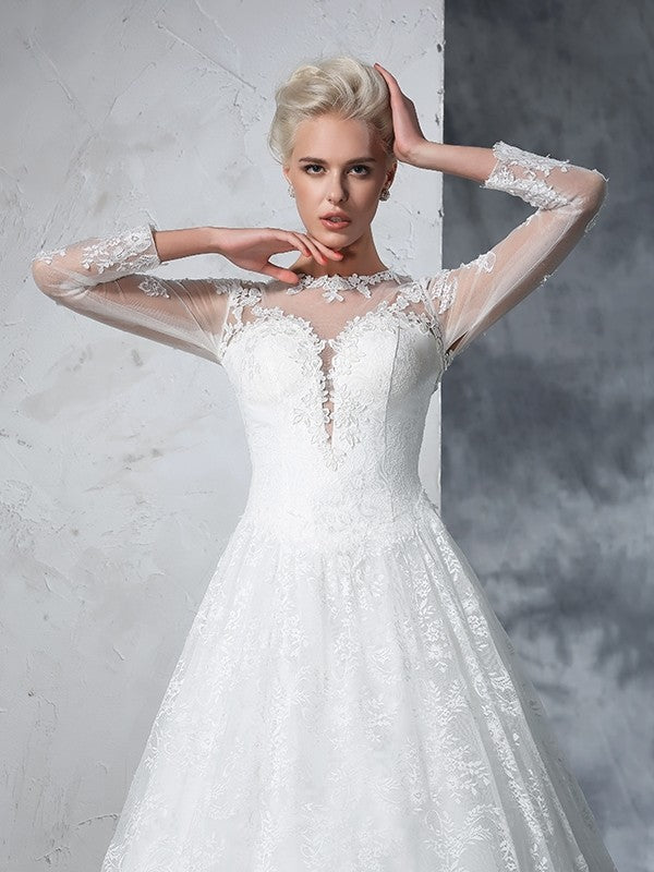 Ball Gown Jewel Lace Long Sleeves Long Lace Wedding Dresses CICIP0006648