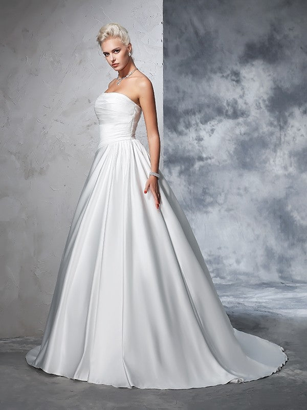 Ball Gown Strapless Ruched Sleeveless Long Satin Wedding Dresses CICIP0006591