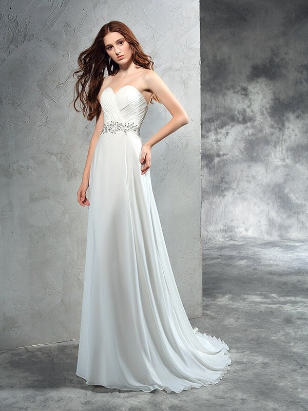 A-Line/Princess Sweetheart Pleats Sleeveless Long Chiffon Wedding Dresses CICIP0006602