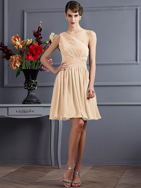 A-Line/Princess One-Shoulder Sleeveless Pleats Short Chiffon Bridesmaid Dresses CICIP0005105