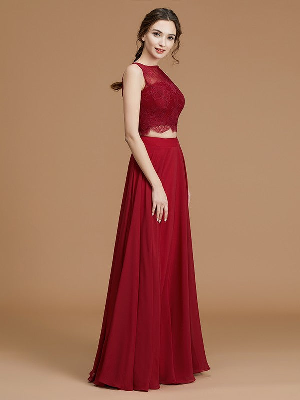 A-Line/Princess Spaghetti Straps Sleeveless Floor-Length Lace Chiffon Bridesmaid Dresses