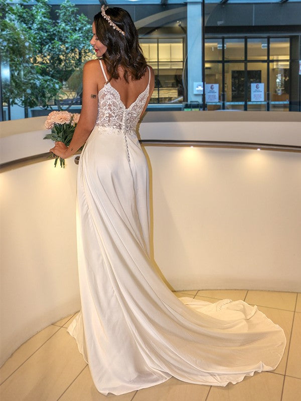 A-Line/Princess Charmeuse Spaghetti Straps Ruffles Sleeveless Sweep/Brush Train Wedding Dresses CICIP0006078