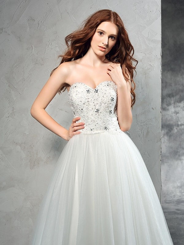 A-Line/Princess Sweetheart Beading Sleeveless Long Net Wedding Dresses CICIP0006846