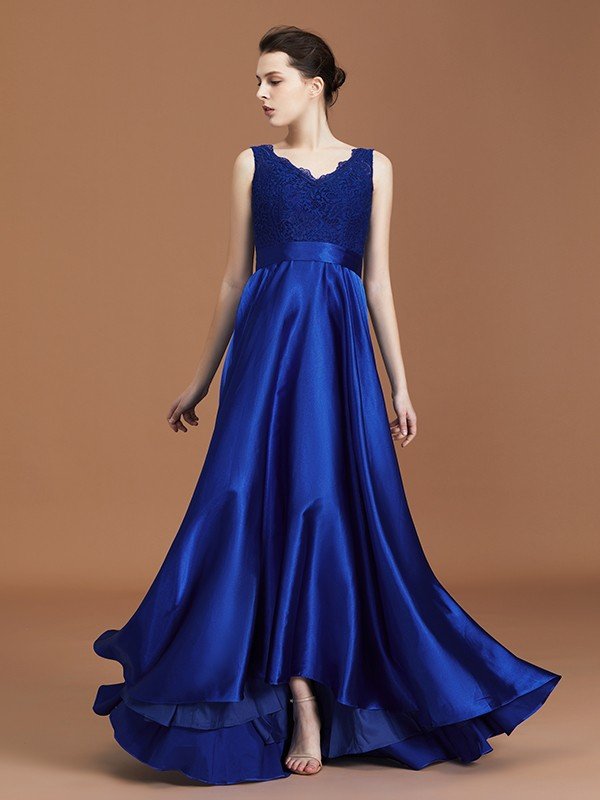 A-Line/Princess V-neck Sleeveless Satin Asymmetrical Lace Bridesmaid Dress CICIP0005532