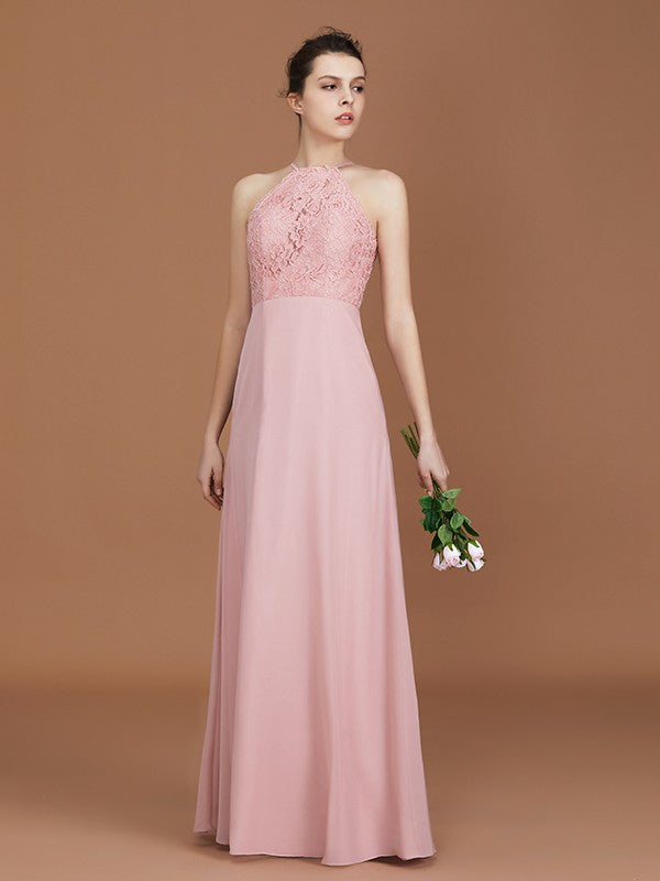 A-Line/Princess Halter Sleeveless Lace Floor-Length Chiffon Bridesmaid Dress CICIP0005757