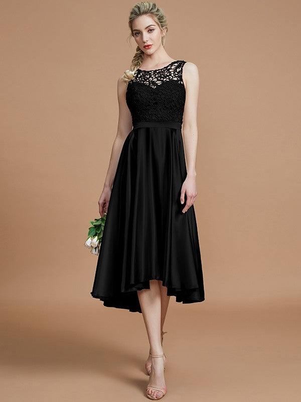 A-Line/Princess Bateau Sleeveless Ruffles Asymmetrical Silk like Satin Bridesmaid Dresses CICIP0005019