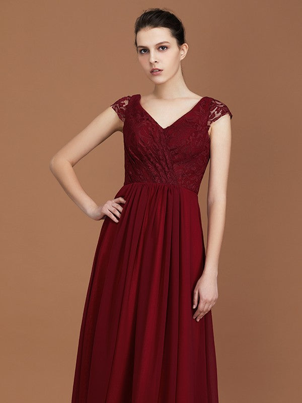 A-Line/Princess Lace Short Sleeves Chiffon Ruched V-neck Floor-Length Bridesmaid Dresses CICIP0005649