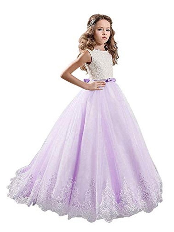 Ball Gown Jewel Sleeveless Lace Sweep/Brush Train Tulle Flower Girl Dresses CICIP0007536