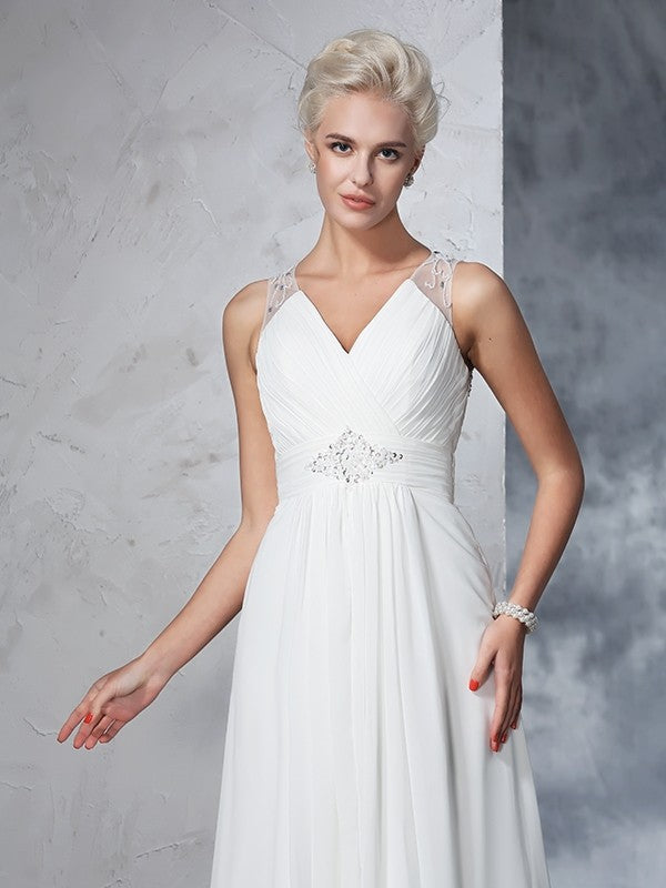 A-Line/Princess V-neck Ruched Sleeveless Long Chiffon Wedding Dresses CICIP0006630