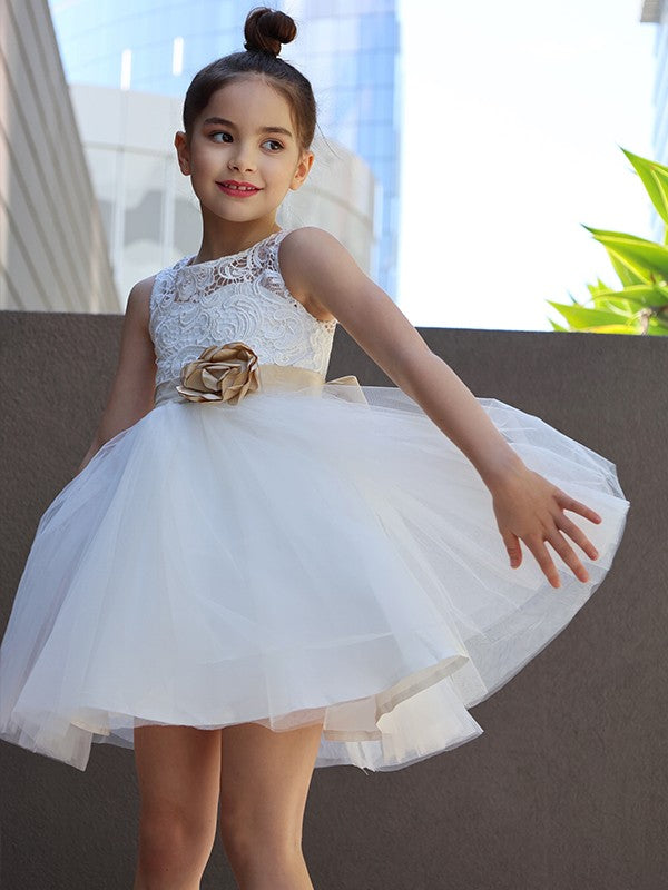 A-Line/Princess Tulle Lace Scoop Sleeveless Knee-Length Flower Girl Dresses CICIP0007480