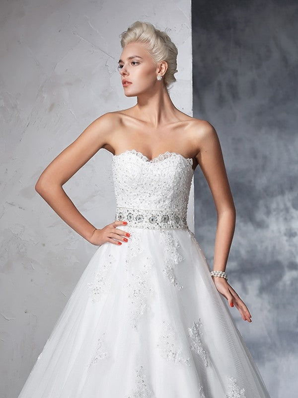 Ball Gown Sweetheart Applique Sleeveless Long Net Wedding Dresses CICIP0006719