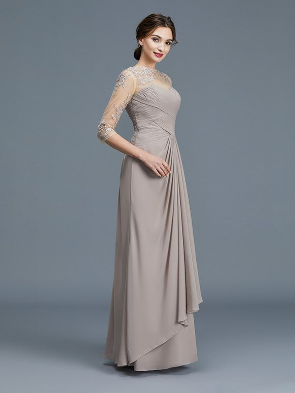 A-Line/Princess Sheer Neck 3/4 Sleeves Ruffles Chiffon Floor-Length Mother of the Bride Dresses CICIP0007219
