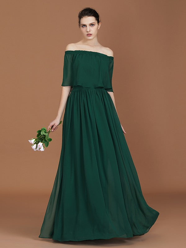 A-Line/Princess Pleats Off-the-Shoulder Floor-Length Chiffon Bridesmaid Dress CICIP0005361