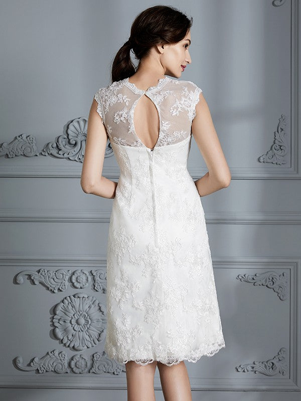 A-Line/Princess Sleeveless Scoop Knee-Length Lace Satin Wedding Dresses CICIP0006795