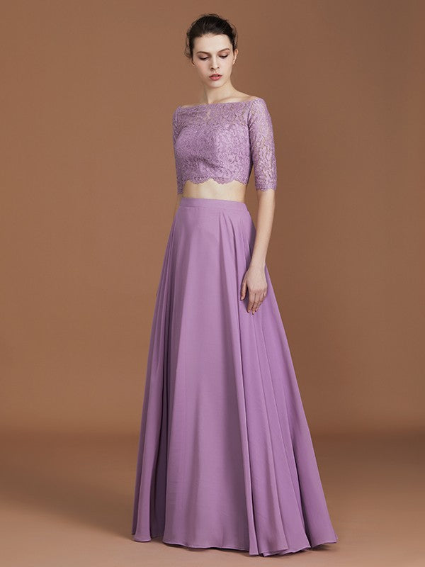 A-Line/Princess Lace Off-the-Shoulder 1/2 Sleeves Floor-Length Chiffon Bridesmaid Dress CICIP0005799