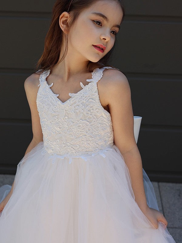 A-Line/Princess Tulle Bowknot Sweetheart Sleeveless Floor-Length Flower Girl Dresses CICIP0007458