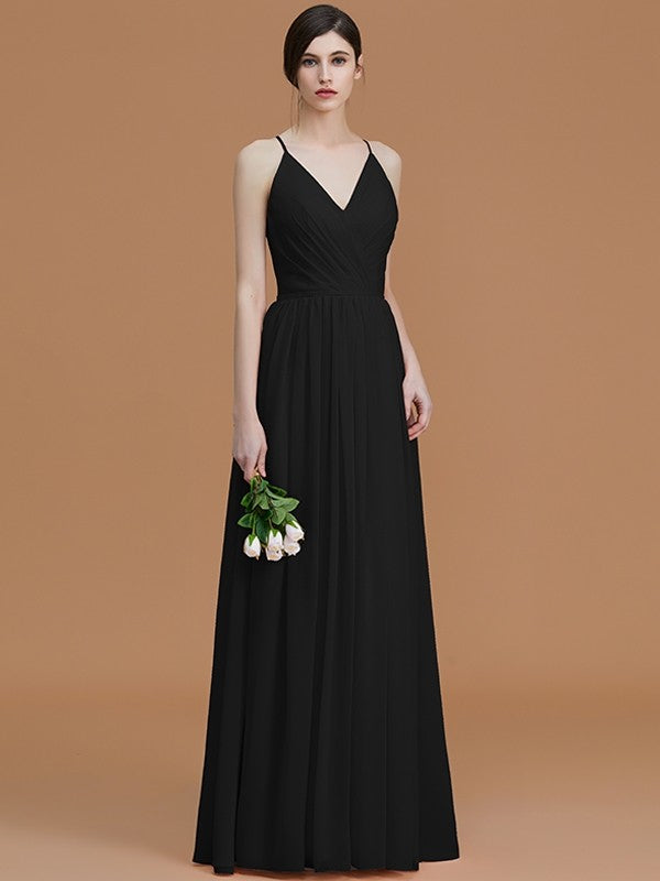 A-Line/Princess Spaghetti Straps Sleeveless Floor-Length Ruched Chiffon Bridesmaid Dresses CICIP0005507