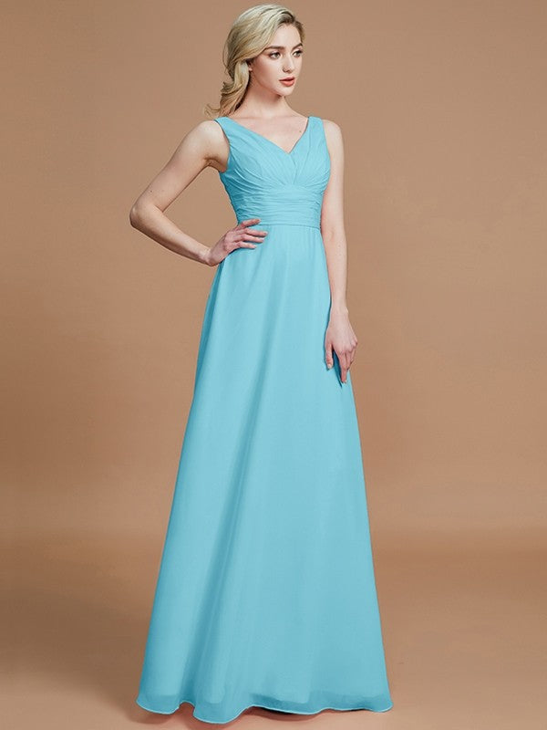 A-Line/Princess Sleeveless Floor-Length Chiffon V-neck Bridesmaid Dresses CICIP0005433