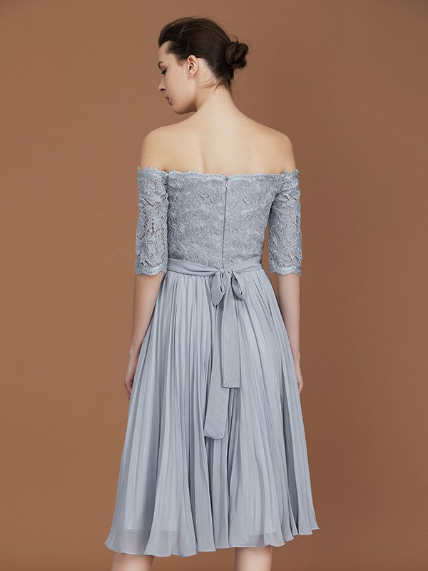 A-Line/Princess Off-the-Shoulder Short Sleeves Lace Tea-Length Chiffon Bridesmaid Dress CICIP0005561