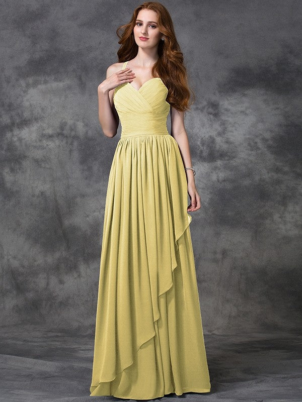 A-line/Princess Spaghetti Straps Sleeveless Long Ruffles Chiffon Bridesmaid Dresses CICIP0005431