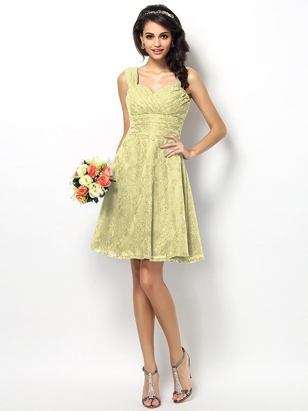 A-Line/Princess Straps Lace Sleeveless Short Bridesmaid Dresses CICIP0005042