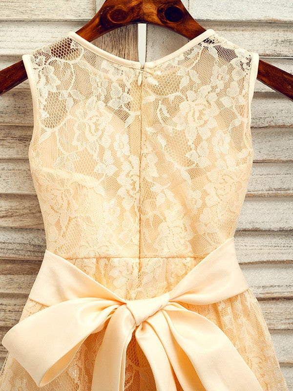 A-Line/Princess Lace Sash/Ribbon/Belt Scoop Sleeveless Tea-Length Flower Girl Dresses CICIP0007520